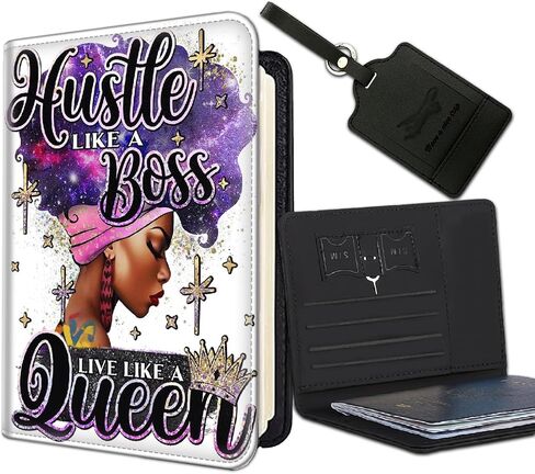 Passport Holder Women Wallet with Luggage Tag, Leather Passport Cover with RFID Blocking, Travel Accessories Multi Card Slot Passport Case for Men，Hustle Like A Boss Side Hustler Afro Queen in Saudi Arabia