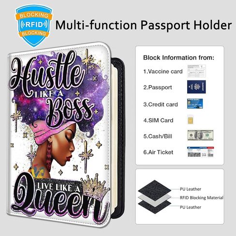 Passport Holder Women Wallet with Luggage Tag, Leather Passport Cover with RFID Blocking, Travel Accessories Multi Card Slot Passport Case for Men，Hustle Like A Boss Side Hustler Afro Queen in Saudi Arabia