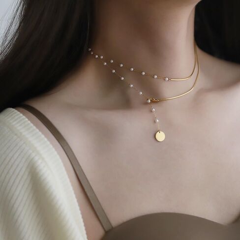 Layered Pearl Necklaces for Women 18K Gold Plated Dainty Pearl Choker Necklaces Trendy Jewelry Gifts for Women. in Saudi Arabia
