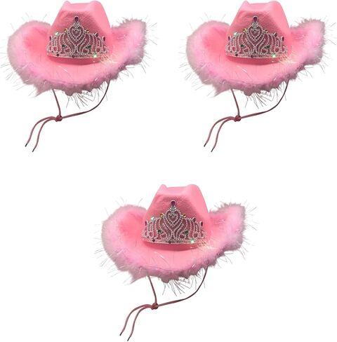 قبعة رعاة البقر الوردية - قبعة راعية البقر الغربية المضيئة بالترتر والتاج مع ريش الأفعى مع منديل وردي بيزلي كوين - عبوة من 3 قطع in Kuwait