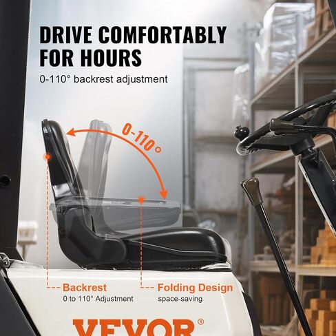 VEVOR Universal Forklift Seat, Fold Down Tractor Seat with Adjustable Angle Back, Micro Switch and Retractable Seatbelt, 6.3-13.4 inch Slot Forklift Seat for Tractor Loader Excavator in Saudi Arabia