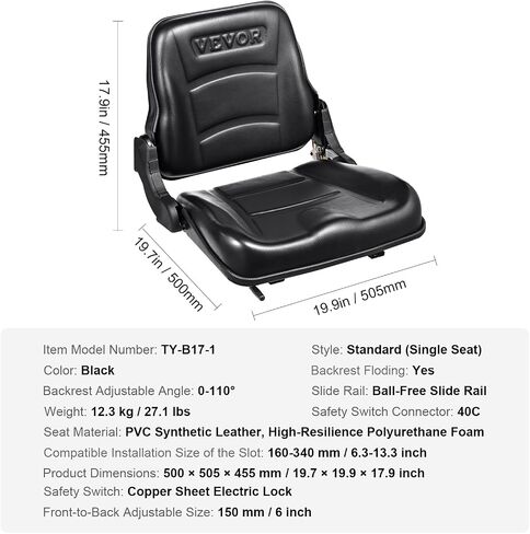 VEVOR Universal Forklift Seat, Fold Down Tractor Seat with Adjustable Angle Back, Micro Switch and Retractable Seatbelt, 6.3-13.4 inch Slot Forklift Seat for Tractor Loader Excavator in Saudi Arabia