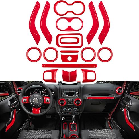 E-cowlboy 18 PCS Full Set Interior Decoration Trim Kit Steering Wheel Center Console Door Handle Air Conditioning Vent Cup Holder Gear Cover Trim for Jeep Wrangler JK JKU 2011-2018 4-Door (Red) in Kuwait