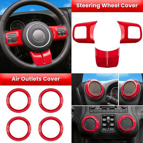 E-cowlboy 18 PCS Full Set Interior Decoration Trim Kit Steering Wheel Center Console Door Handle Air Conditioning Vent Cup Holder Gear Cover Trim for Jeep Wrangler JK JKU 2011-2018 4-Door (Red) in Kuwait