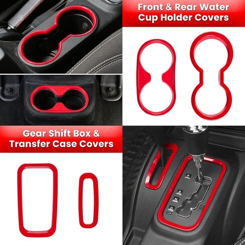 E-cowlboy 18 PCS Full Set Interior Decoration Trim Kit Steering Wheel Center Console Door Handle Air Conditioning Vent Cup Holder Gear Cover Trim for Jeep Wrangler JK JKU 2011-2018 4-Door (Red) in Kuwait