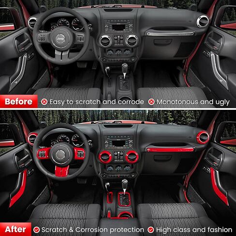 E-cowlboy 18 PCS Full Set Interior Decoration Trim Kit Steering Wheel Center Console Door Handle Air Conditioning Vent Cup Holder Gear Cover Trim for Jeep Wrangler JK JKU 2011-2018 4-Door (Red) in Kuwait