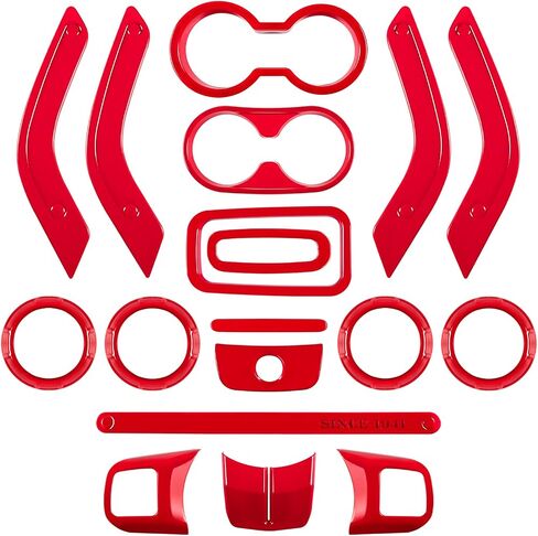 E-cowlboy 18 PCS Full Set Interior Decoration Trim Kit Steering Wheel Center Console Door Handle Air Conditioning Vent Cup Holder Gear Cover Trim for Jeep Wrangler JK JKU 2011-2018 4-Door (Red) in Kuwait