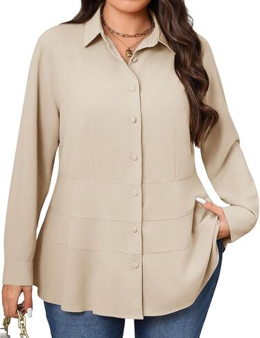 Beautife Women's Plus Size Button Down Shirts Long Sleeve Dressy Casual Blouse V Neck Collared Tiered Slimming Peplum Tops in Saudi Arabia