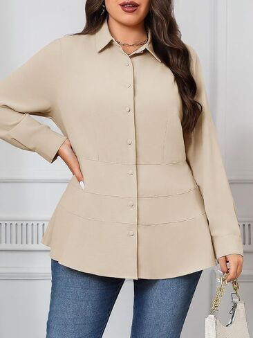 Beautife Women's Plus Size Button Down Shirts Long Sleeve Dressy Casual Blouse V Neck Collared Tiered Slimming Peplum Tops in Saudi Arabia