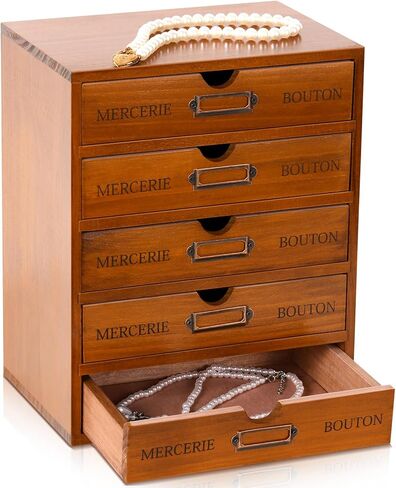 Vintage Wooden Storage Box Desk Office Organizer Rustic Desk Storage Organizer Desktop Wooden Drawer Organizer Small Library Card Catalog Cabinet for Jewelry Home (Brown,5 Drawers) in Saudi Arabia
