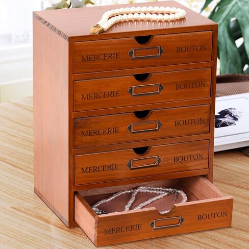 Vintage Wooden Storage Box Desk Office Organizer Rustic Desk Storage Organizer Desktop Wooden Drawer Organizer Small Library Card Catalog Cabinet for Jewelry Home (Brown,5 Drawers) in Saudi Arabia
