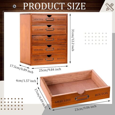 Vintage Wooden Storage Box Desk Office Organizer Rustic Desk Storage Organizer Desktop Wooden Drawer Organizer Small Library Card Catalog Cabinet for Jewelry Home (Brown,5 Drawers) in Saudi Arabia
