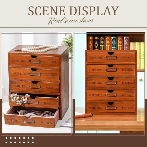 Vintage Wooden Storage Box Desk Office Organizer Rustic Desk Storage Organizer Desktop Wooden Drawer Organizer Small Library Card Catalog Cabinet for Jewelry Home (Brown,5 Drawers) in Saudi Arabia
