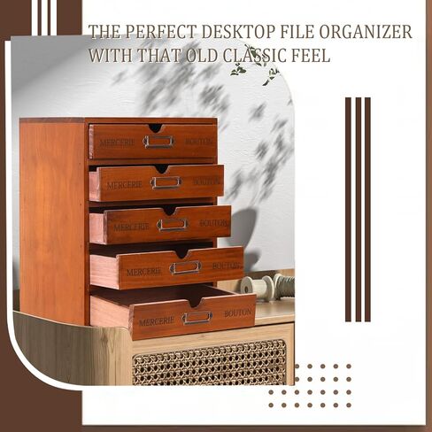 Vintage Wooden Storage Box Desk Office Organizer Rustic Desk Storage Organizer Desktop Wooden Drawer Organizer Small Library Card Catalog Cabinet for Jewelry Home (Brown,5 Drawers) in Saudi Arabia