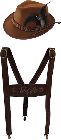 Lederhosen Suspenders German Oktoberfest Alpine Fedora Hat Adult Costume Set in Kuwait