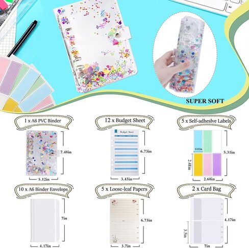 36 Pieces A6 Binder PVC Cover with 10 Clear Binder Pockets, Waterproof 6-Ring Budget Binder Envelopes System Budget Planner Organizer, Budget Sheets & Card Bags & Papers & Label for Cash Envelopes in Saudi Arabia