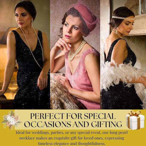 Halukakah 1920s Long Pearl Necklace for Women - Exquisite Natural Cultured Pearls - Luxurious 8mm Strand with Timeless Elegance - Length 60"/71" - Perfect for Special Occasions in Saudi Arabia