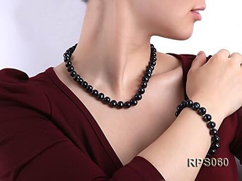 مجموعة مجوهرات نسائية AA + 10-11 ملم عقد من اللؤلؤ الأسود وقلادة وسوار من لؤلؤ المياه العذبة الدائرية in Kuwait