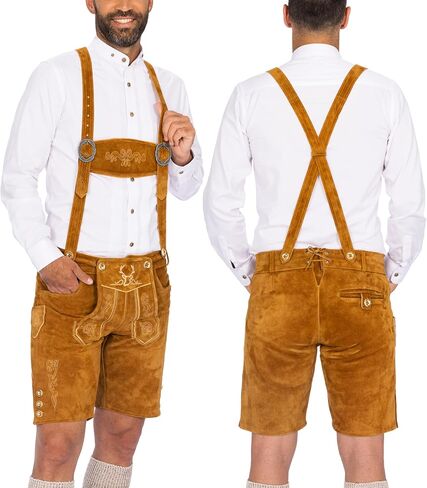 Lederhosen للرجال - جلد طبيعي أصلي من Lederhosen الألماني للرجال، زي مهرجان أكتوبر - قصير بني فاتح in Kuwait
