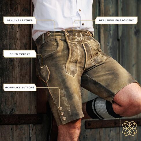Lederhosen للرجال - جلد طبيعي أصلي من Lederhosen الألماني للرجال، زي مهرجان أكتوبر - قصير بني فاتح in Kuwait