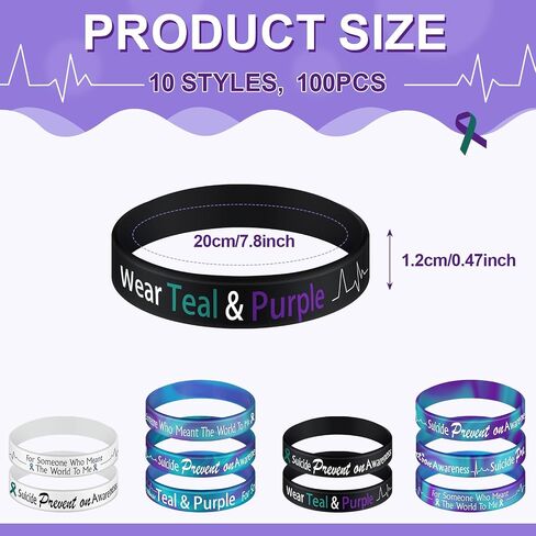 100 Pcs Suicide Prevention Awareness Silicone Wristband Bracelet Mental Health Stretch Wristbands Suicide Awareness Bracelets Suicide Prevention Bracelet for Men Women Teenagers, 10 Designs in Saudi Arabia