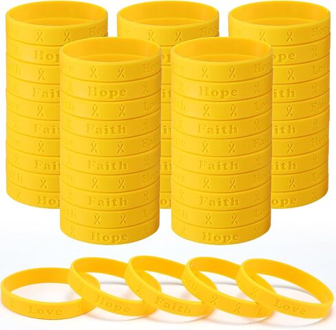 100 Pcs Gold Silicone Awareness Bracelets Bulk Childhood Cancer Bracelet Gold Ribbon Rubber Wristbands for Childhood Cancer Hope Faith Love Inspirational Wristband for Event Fundraising Charity in Saudi Arabia