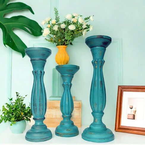 حامل شموع خشبي مصنوع يدويًا مع دعامة قاعدة عمود، أزرق فيروزي، مجموعة من 3 قطع in Kuwait