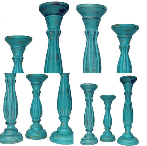 حامل شموع خشبي مصنوع يدويًا مع دعامة قاعدة عمود، أزرق فيروزي، مجموعة من 3 قطع in Kuwait