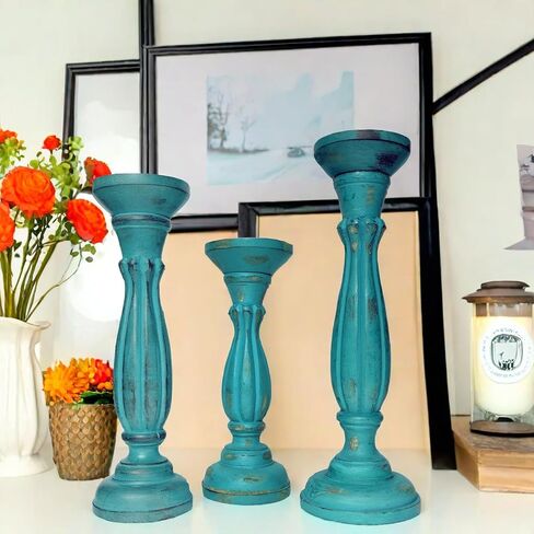 حامل شموع خشبي مصنوع يدويًا مع دعامة قاعدة عمود، أزرق فيروزي، مجموعة من 3 قطع in Kuwait