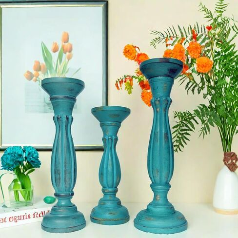 حامل شموع خشبي مصنوع يدويًا مع دعامة قاعدة عمود، أزرق فيروزي، مجموعة من 3 قطع in Kuwait
