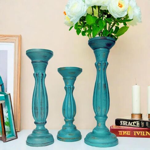 حامل شموع خشبي مصنوع يدويًا مع دعامة قاعدة عمود، أزرق فيروزي، مجموعة من 3 قطع in Kuwait