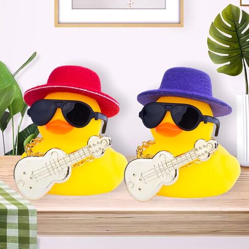 Car Rubber Duck Ornaments Yellow Duck Car Dashboard Decorations with Mini Top Hat Guitar Sunglasses Necklace(G2) in Kuwait