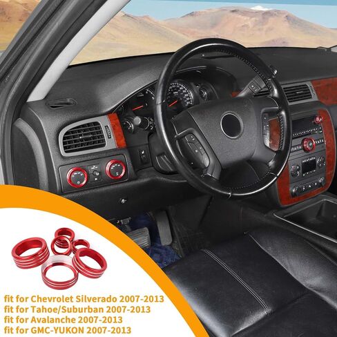 Hoolcar الداخلية وحدة التحكم المركزية زر تقليم مكيف الهواء غطاء مقبض سبائك الألومنيوم متوافق مع شيفروليه سيلفرادو / تاهو / سوبربان / أفالانش / جي إم سي / يوكون 2007-2013، أحمر، 6 قطع in Saudi Arabia