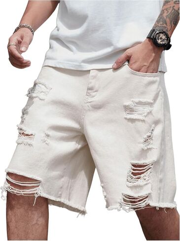 Verdusa Men's Ripped Distressed Raw Hem Straight Leg Denim Shorts in Saudi Arabia