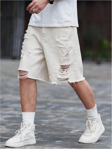 Verdusa Men's Ripped Distressed Raw Hem Straight Leg Denim Shorts in Saudi Arabia