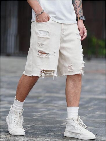 Verdusa Men's Ripped Distressed Raw Hem Straight Leg Denim Shorts in Saudi Arabia