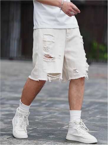 Verdusa Men's Ripped Distressed Raw Hem Straight Leg Denim Shorts in Saudi Arabia