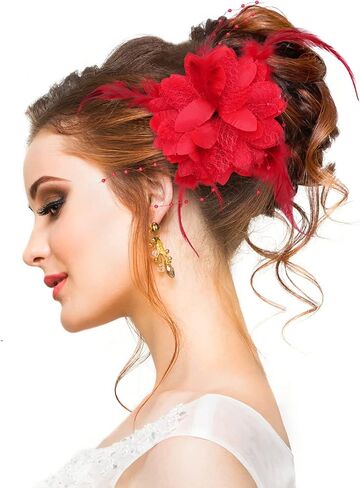 Red Rose Flower Hair Clip, Feather Fascinator Hair Band for Bridal Bridesmaid Girls, Floral Corsage Fascinator Hair Brooch for Women, Vintage Rose Red Hair Accessories for Christmas, Wedding in Saudi Arabia