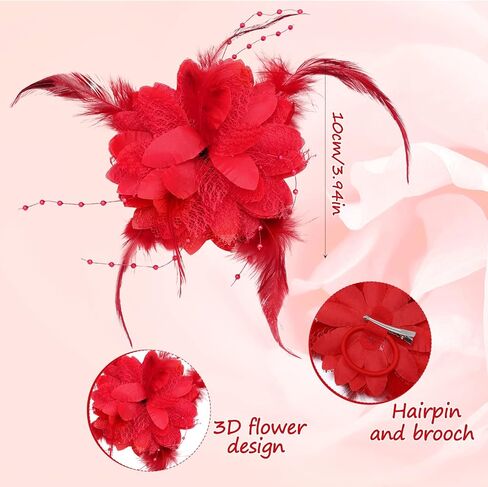 Red Rose Flower Hair Clip, Feather Fascinator Hair Band for Bridal Bridesmaid Girls, Floral Corsage Fascinator Hair Brooch for Women, Vintage Rose Red Hair Accessories for Christmas, Wedding in Saudi Arabia