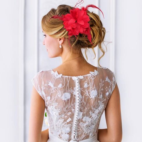 Red Rose Flower Hair Clip, Feather Fascinator Hair Band for Bridal Bridesmaid Girls, Floral Corsage Fascinator Hair Brooch for Women, Vintage Rose Red Hair Accessories for Christmas, Wedding in Saudi Arabia