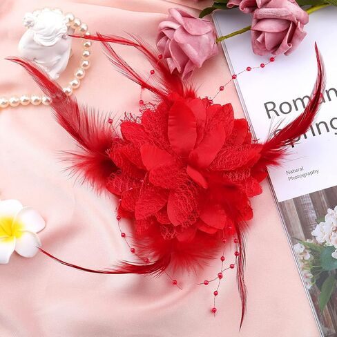 Red Rose Flower Hair Clip, Feather Fascinator Hair Band for Bridal Bridesmaid Girls, Floral Corsage Fascinator Hair Brooch for Women, Vintage Rose Red Hair Accessories for Christmas, Wedding in Saudi Arabia
