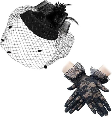 BRT Bearingshui Bowknot Fascinator قبعة وقفازات دانتيل قصيرة، قبعة حفلات الشاي، قبعة رأس شبكية من الريش وقفازات دانتيل زهرية 50s in Kuwait