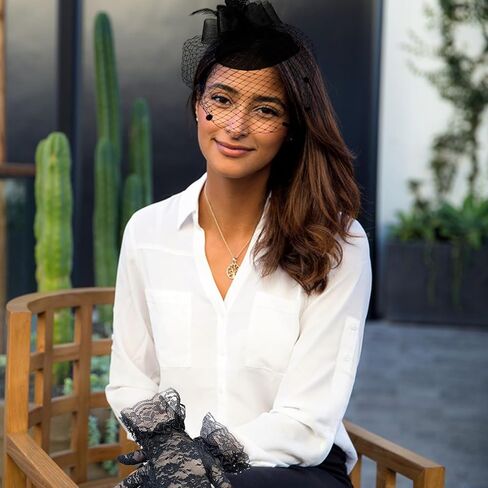 BRT Bearingshui Bowknot Fascinator قبعة وقفازات دانتيل قصيرة، قبعة حفلات الشاي، قبعة رأس شبكية من الريش وقفازات دانتيل زهرية 50s in Kuwait