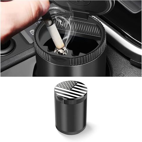 Car Ashtray with Lid, Detachable Ash Container for Vehicles Cup Holder, USA Flag Cigarette Smokeless Cylinder Mini Trash Can, Portable Auto Accessories Mini Trash Can for Office Home (Black) in Saudi Arabia