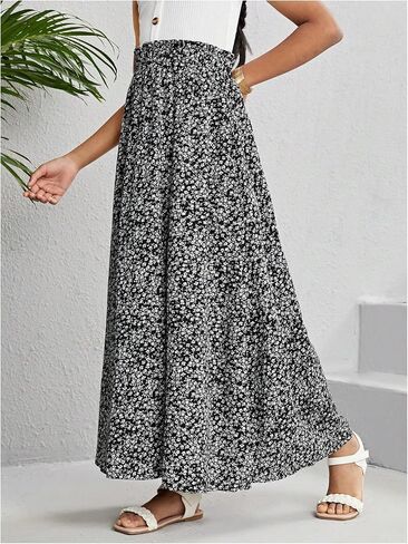 OYOANGLE Girl's Boho Floral Print High Waist Ruffle Hem Long Skirts Summer Vacation Skirt in Saudi Arabia