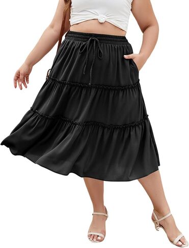 LALAGEN Womens Plus Size Boho Midi Skirt Elastic High Waist Summer Flowy A Line Long Midi Skirt with Pockets in Saudi Arabia