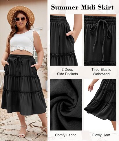 LALAGEN Womens Plus Size Boho Midi Skirt Elastic High Waist Summer Flowy A Line Long Midi Skirt with Pockets in Saudi Arabia