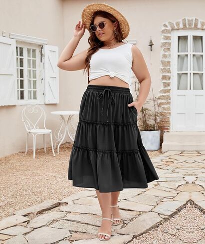 LALAGEN Womens Plus Size Boho Midi Skirt Elastic High Waist Summer Flowy A Line Long Midi Skirt with Pockets in Saudi Arabia
