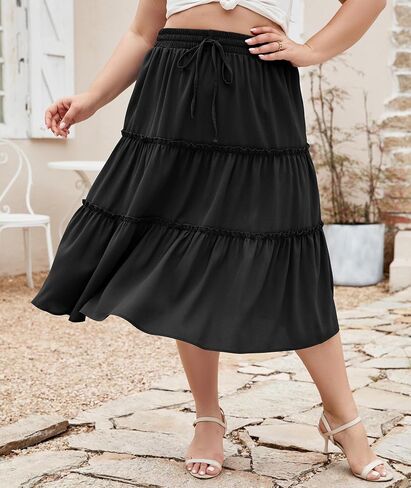 LALAGEN Womens Plus Size Boho Midi Skirt Elastic High Waist Summer Flowy A Line Long Midi Skirt with Pockets in Saudi Arabia