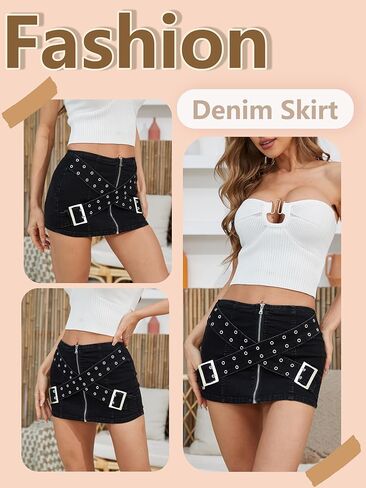 تنورة جينز نسائية y2k بسحاب تنورة جينز صغيرة تنورة البضائع مع تصميم حزام متقاطع بخصر منخفض in Kuwait
